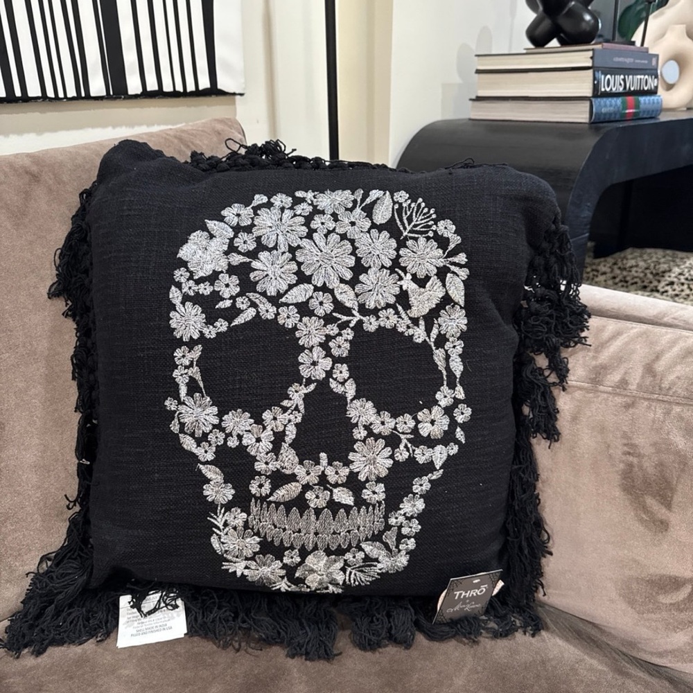 THRŌ by Marlo Lorenz Black Floral Skull Embroidered Throw Pillow w/Fringe